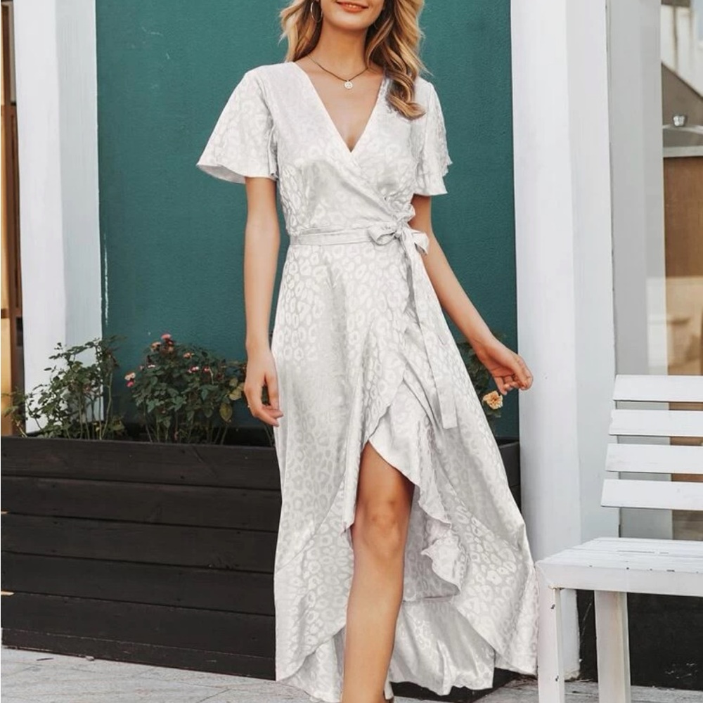 NWT White satin leopard wrap maxi dress